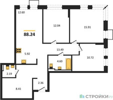 Планировка трехкомнатной(квартира) площадью 88.24 квадратных метров в “ЖК Богдановский Лес”