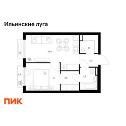 Планировка однокомнатной(квартира) площадью 37.2 квадратных метров в ЖК “ЖК Ильинские луга”