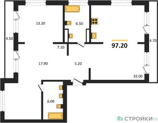 Планировка двухкомнатной(квартира) площадью 97.2 квадратных метров в ЖК “ЖК Первый квартал”