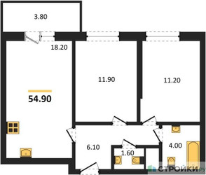 Планировка двухкомнатной(квартира) площадью 54.3 квадратных метров в ЖК “ЖК Одинцовские кварталы”