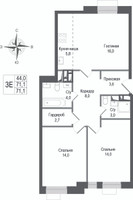 Планировка трехкомнатной(квартира) площадью 71.1 квадратных метров в “ЖК КИНОКВАРТАЛ”
