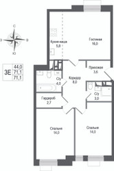 Планировка трехкомнатной(квартира) площадью 71.1 квадратных метров в ЖК “ЖК КИНОКВАРТАЛ”