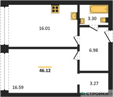 Планировка однокомнатной(апартаменты) площадью 46.12 квадратных метров в “ЖК Insider (Инсайдер)”