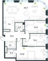 Планировка 4+ комнатной(квартира) площадью 122.5 квадратных метров в ЖК “ЖК Левел Академическая”
