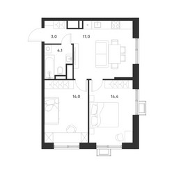 Планировка двухкомнатной(квартира) площадью 52.5 квадратных метров в ЖК “ЖК Форевиль”