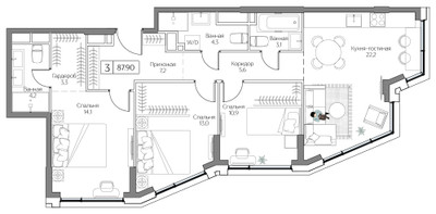 Планировка трехкомнатной(квартира) площадью 87 квадратных метров в ЖК “ЖК Dream Riva (Дрим Рива)”