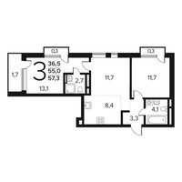 Планировка трехкомнатной(квартира) площадью 57.3 квадратных метров в “Новые Ватутинки. Заречный”