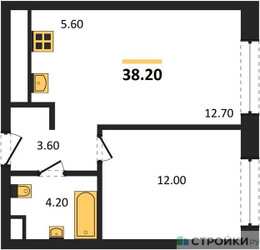 Планировка однокомнатной(квартира) площадью 38.2 квадратных метров в ЖК “Жилые кварталы Белый Град”