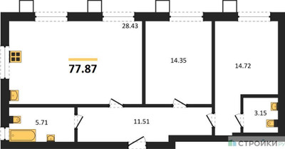 Планировка двухкомнатной(квартира) площадью 77.87 квадратных метров в ЖК “ЖК Бархат”