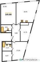 Планировка трехкомнатной(квартира) площадью 105.8 квадратных метров в “Жилой квартал Кутузов Град”