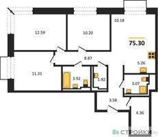 Планировка трехкомнатной(квартира) площадью 75.3 квадратных метров в “ЖК Квартал Герцена”