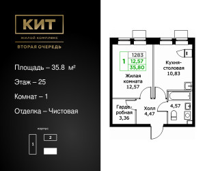 Планировка однокомнатной(квартира) площадью 35.8 квадратных метров в ЖК “ЖК КИТ 2”