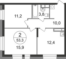 Планировка двухкомнатной(квартира) площадью 53.3 квадратных метров в “ЖК Первый Московский”