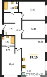 Планировка трехкомнатной(квартира) площадью 87.1 квадратных метров в ЖК “ЖК Мангазея в Богородском”