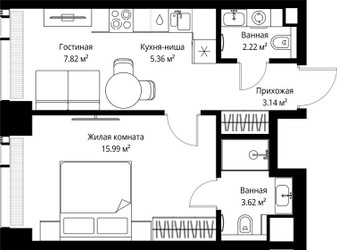 Планировка однокомнатной(квартира) площадью 38.15 квадратных метров в ЖК “ЖК Веер”