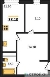 Планировка однокомнатной(квартира) площадью 38.1 квадратных метров в ЖК “ЖК Южная Долина”