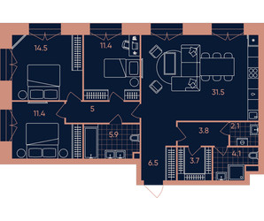 Планировка 4+ комнатной(квартира) площадью 99.9 квадратных метров в ЖК “Квартал Эра”