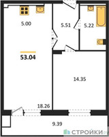 Планировка однокомнатной(квартира) площадью 53.04 квадратных метров в “ЖК Егорово Парк”