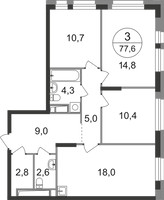 Планировка трехкомнатной(квартира) площадью 77.6 квадратных метров в “ЖК Первый Московский”