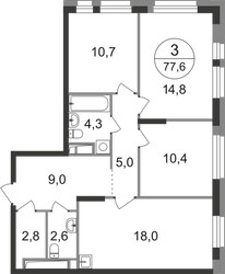 Планировка трехкомнатной(квартира) площадью 77.6 квадратных метров в ЖК “ЖК Первый Московский”