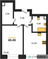 Планировка однокомнатной(квартира) площадью 43.43 квадратных метров в “ЖК Sezar City (Сезар Сити)”