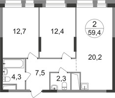 Планировка двухкомнатной(квартира) площадью 59.4 квадратных метров в “ЖК Первый Московский”