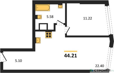 Планировка однокомнатной(квартира) площадью 44.21 квадратных метров в ЖК “UNO Горбунова”
