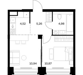 Планировка однокомнатной(квартира) площадью 36.57 квадратных метров в ЖК “ЖК НОВА”