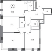 Планировка трехкомнатной(квартира) площадью 87 квадратных метров в “ЖК Первый Московский”