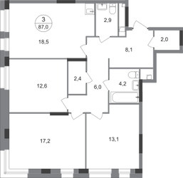 Планировка трехкомнатной(квартира) площадью 87 квадратных метров в ЖК “ЖК Первый Московский”