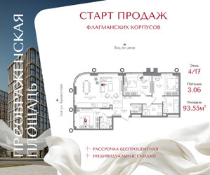 Планировка трехкомнатной(квартира) площадью 93.55 квадратных метров в ЖК “ЖК Преображенская Площадь”