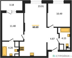 Планировка двухкомнатной(квартира) площадью 60.69 квадратных метров в “ЖК Светлый мир Станция Л”