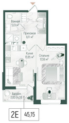 Планировка однокомнатной(квартира) площадью 47.16 квадратных метров в ЖК “ЖК Рига Хиллс”