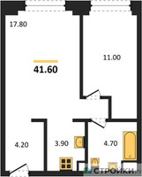 Планировка однокомнатной(квартира) площадью 41.6 квадратных метров в “ЖК Voice Towers (Войс Тауэрс)”