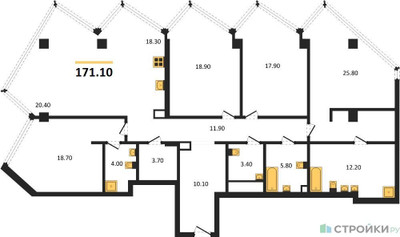 Планировка 4+ комнатной(квартира) площадью 171.1 квадратных метров в ЖК “ЖК Монблан”