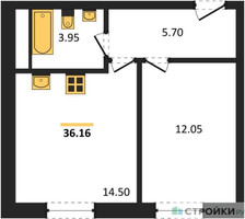 Планировка однокомнатной(квартира) площадью 36.16 квадратных метров в “ЖК Радость (Радумля Парк)”