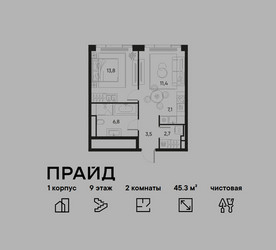 Планировка двухкомнатной(квартира) площадью 45.3 квадратных метров в ЖК “ЖК PRIDE (Прайд)”