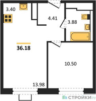 Планировка однокомнатной(квартира) площадью 36.18 квадратных метров в “ЖК Прибрежный Парк”