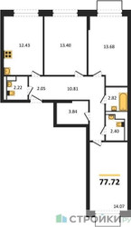 Планировка трехкомнатной(квартира) площадью 77.72 квадратных метров в ЖК “ЖК Томилино Парк”