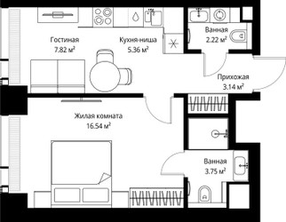 Планировка однокомнатной(квартира) площадью 38.83 квадратных метров в ЖК “ЖК Веер”