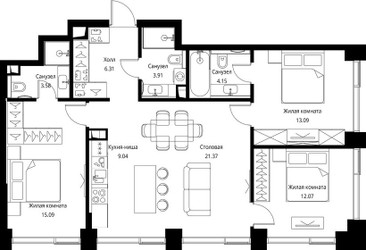 Планировка трехкомнатной(квартира) площадью 88.61 квадратных метров в ЖК “ЖК Сити Бэй”