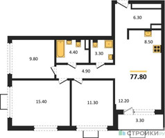 Планировка трехкомнатной(квартира) площадью 77.8 квадратных метров в “ЖК Бунинские кварталы”
