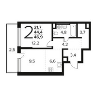 Планировка двухкомнатной(квартира) площадью 46.9 квадратных метров в “Новые Ватутинки. Заречный”
