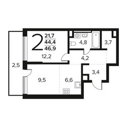 Планировка двухкомнатной(квартира) площадью 46.9 квадратных метров в ЖК “Новые Ватутинки. Заречный”