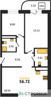 Планировка двухкомнатной(квартира) площадью 56.72 квадратных метров в “Ласточкино”