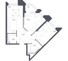 Планировка двухкомнатной(апартаменты) площадью 54.33 квадратных метров в “ЖК Скай Спутник”