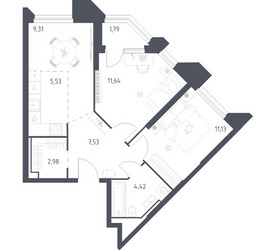 Планировка двухкомнатной(апартаменты) площадью 54.33 квадратных метров в ЖК “ЖК Скай Спутник”