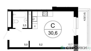 Планировка студии(квартира) площадью 30.6 квадратных метров в “ЖК Одинцовские кварталы”