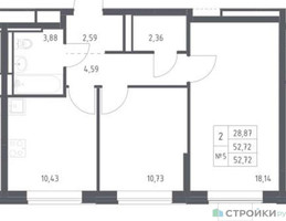 Планировка двухкомнатной(квартира) площадью 52.72 квадратных метров в “ЖК Прибрежный Парк”