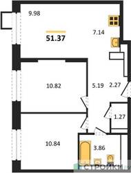 Планировка двухкомнатной(квартира) площадью 51.37 квадратных метров в ЖК “ЖК Пригород Лесное”